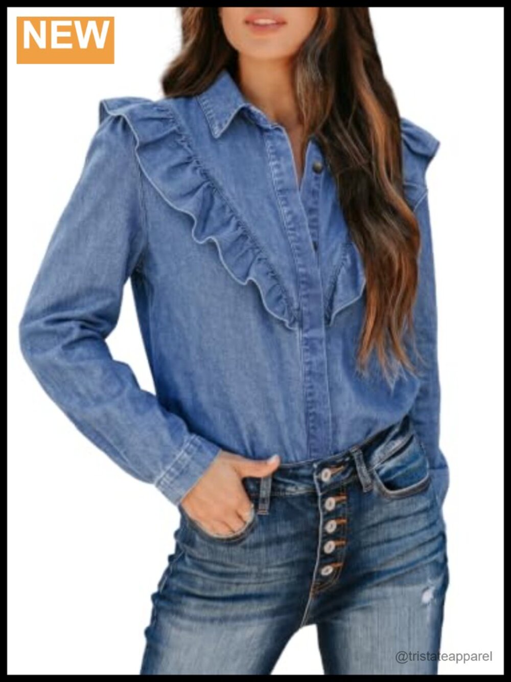 Women's Denim Button Down Long Sleeve Chambray Blouse Cotton
